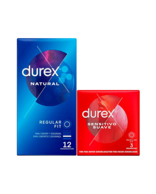 DUREX NATURAL PLUS + DUREX SENSITIVO CONFORT PRESERVATIVOS 12 + 3 PRESERVATIVOS PACK